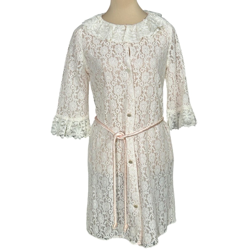 Vintage 50s Sheer Floral Lace Overlay Peignoir Robe Bed Jacket Small